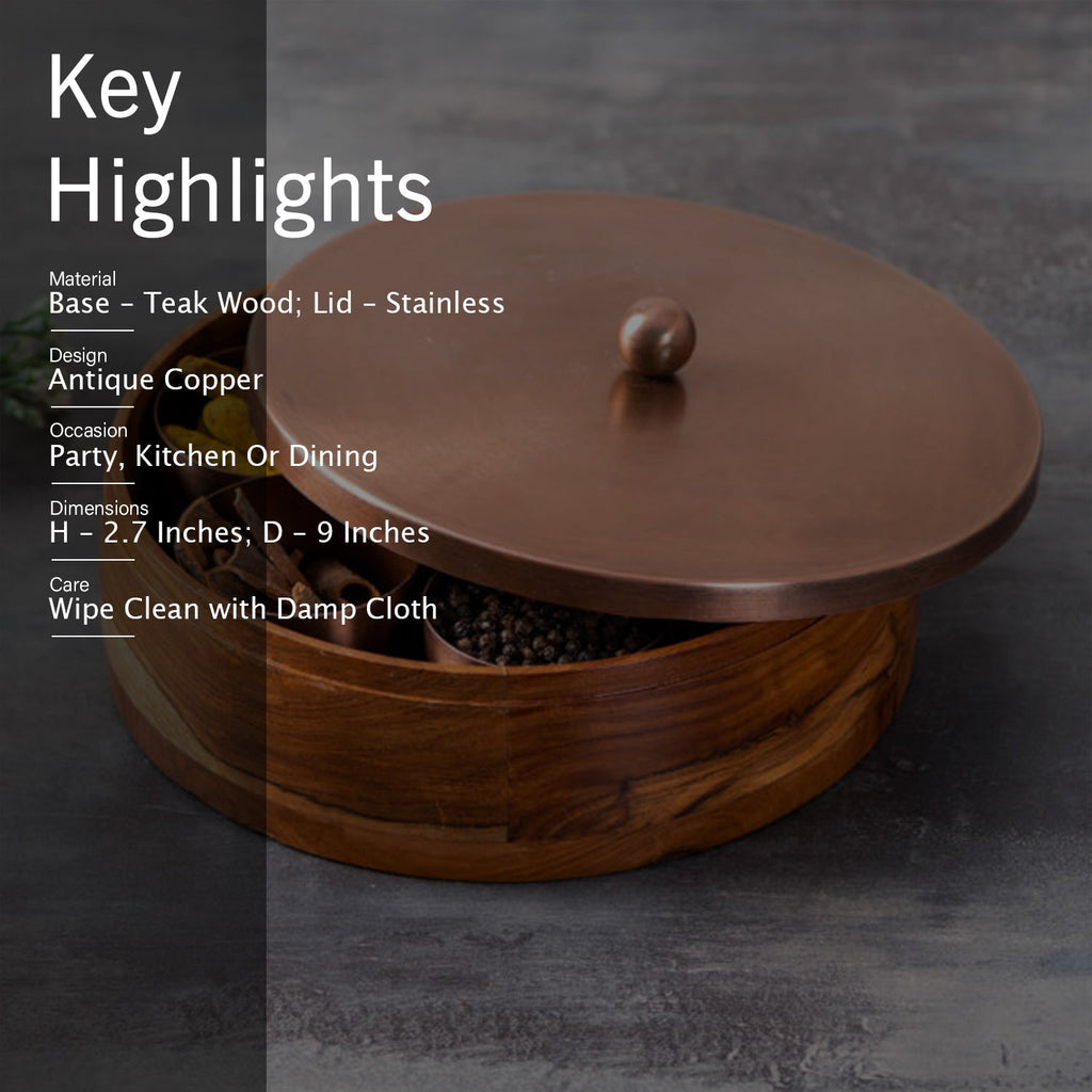 Classic Acacia Wood Masala Box - Copper