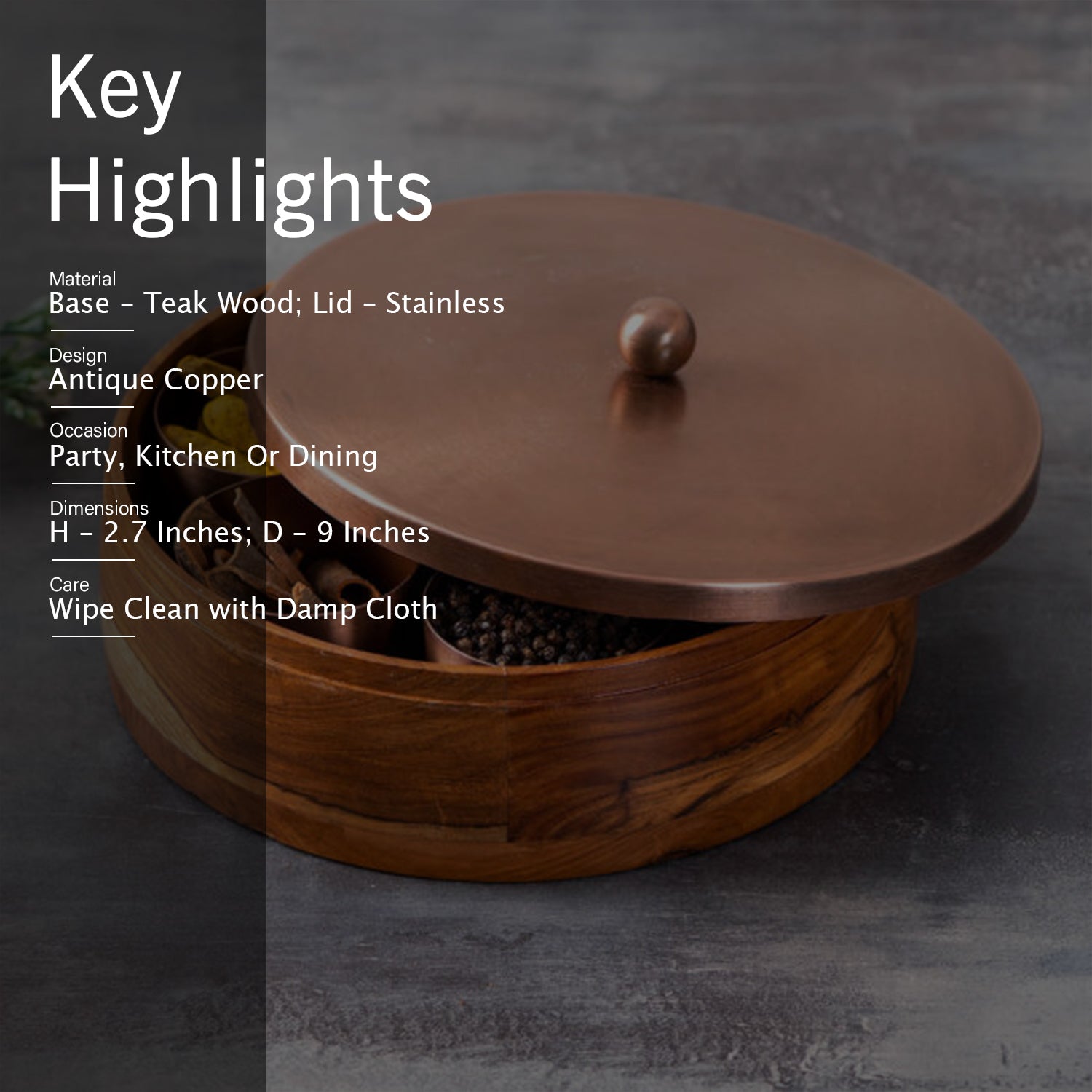 Classic Acacia Wood Masala Box - Copper