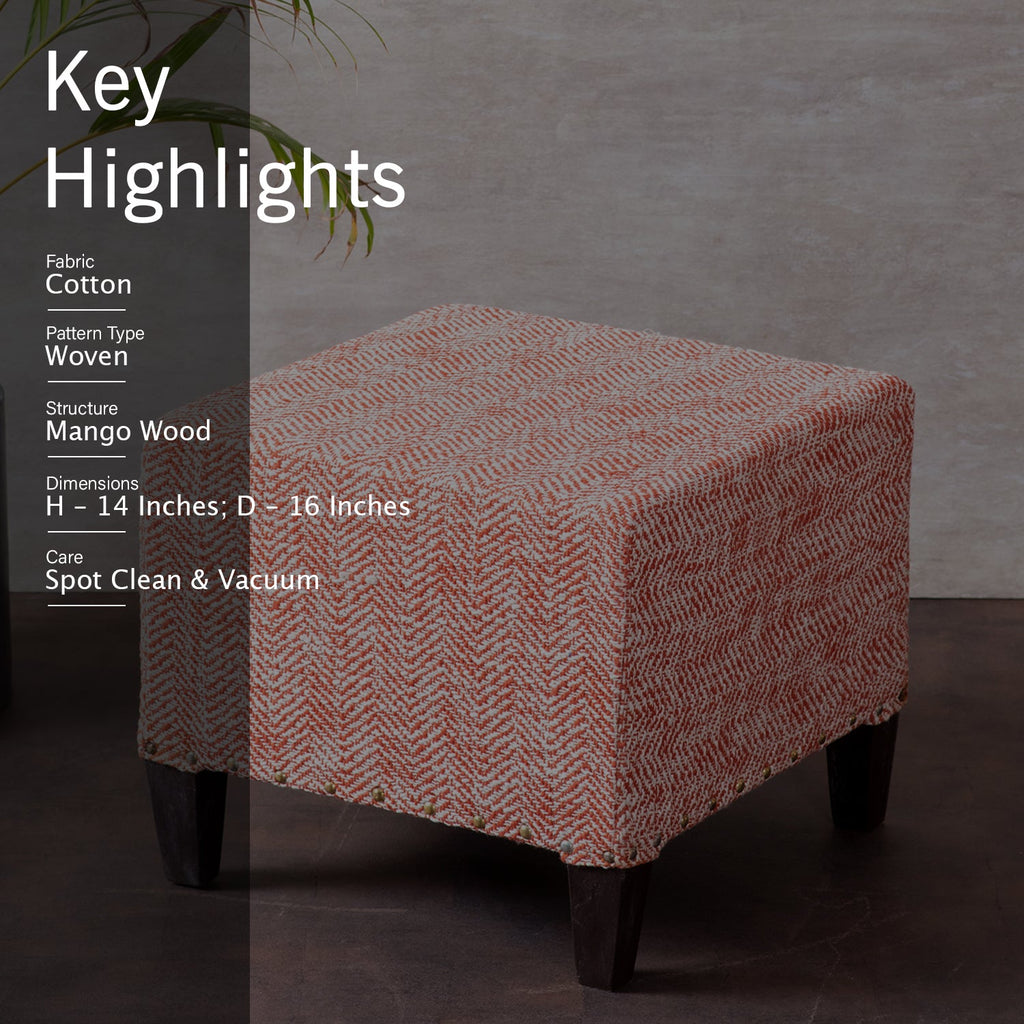 Slub Jacquard Wooden Seating Stool in Orange Color Set of 2