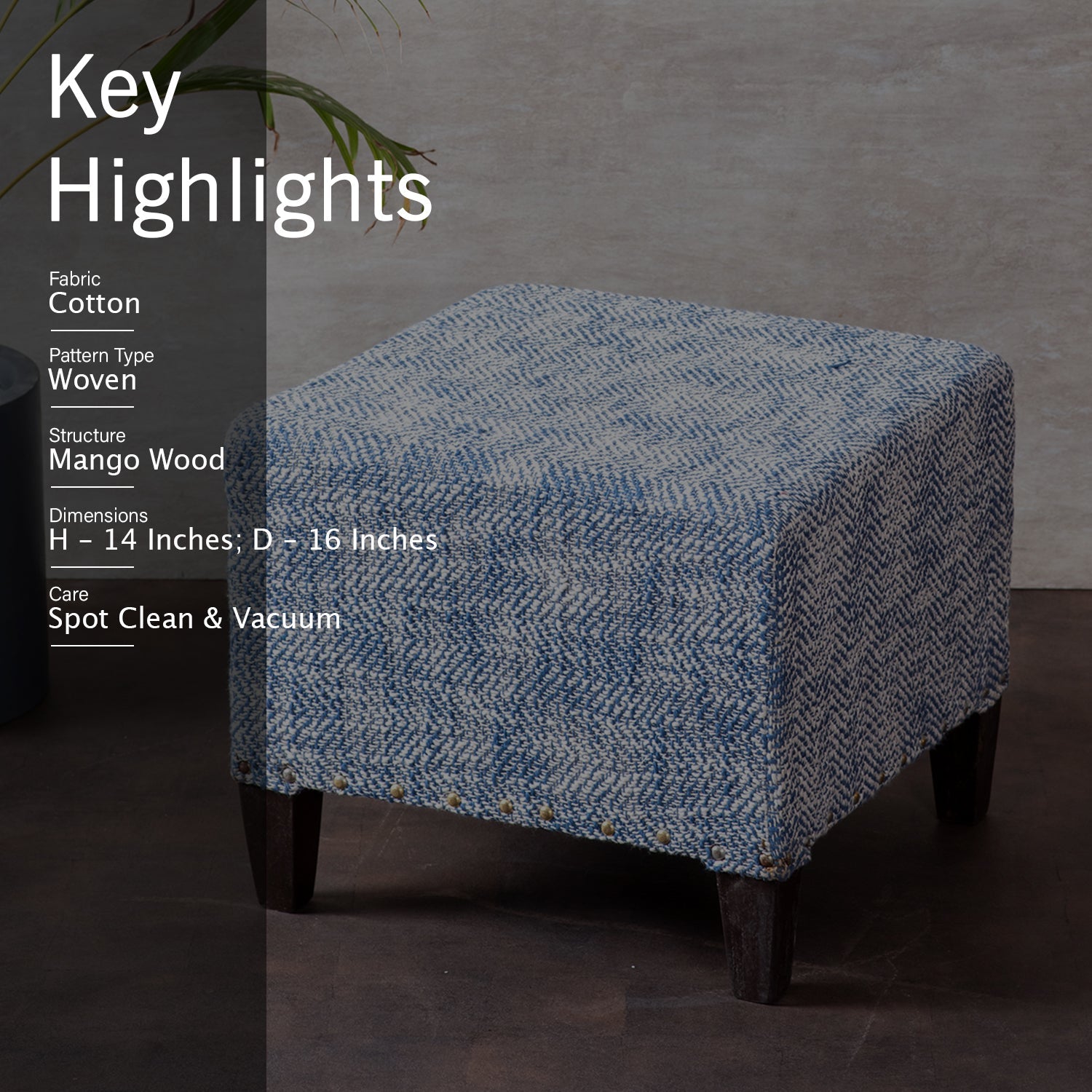 Slub Jacquard Wooden Seating Stool in Blue Color Set of 2