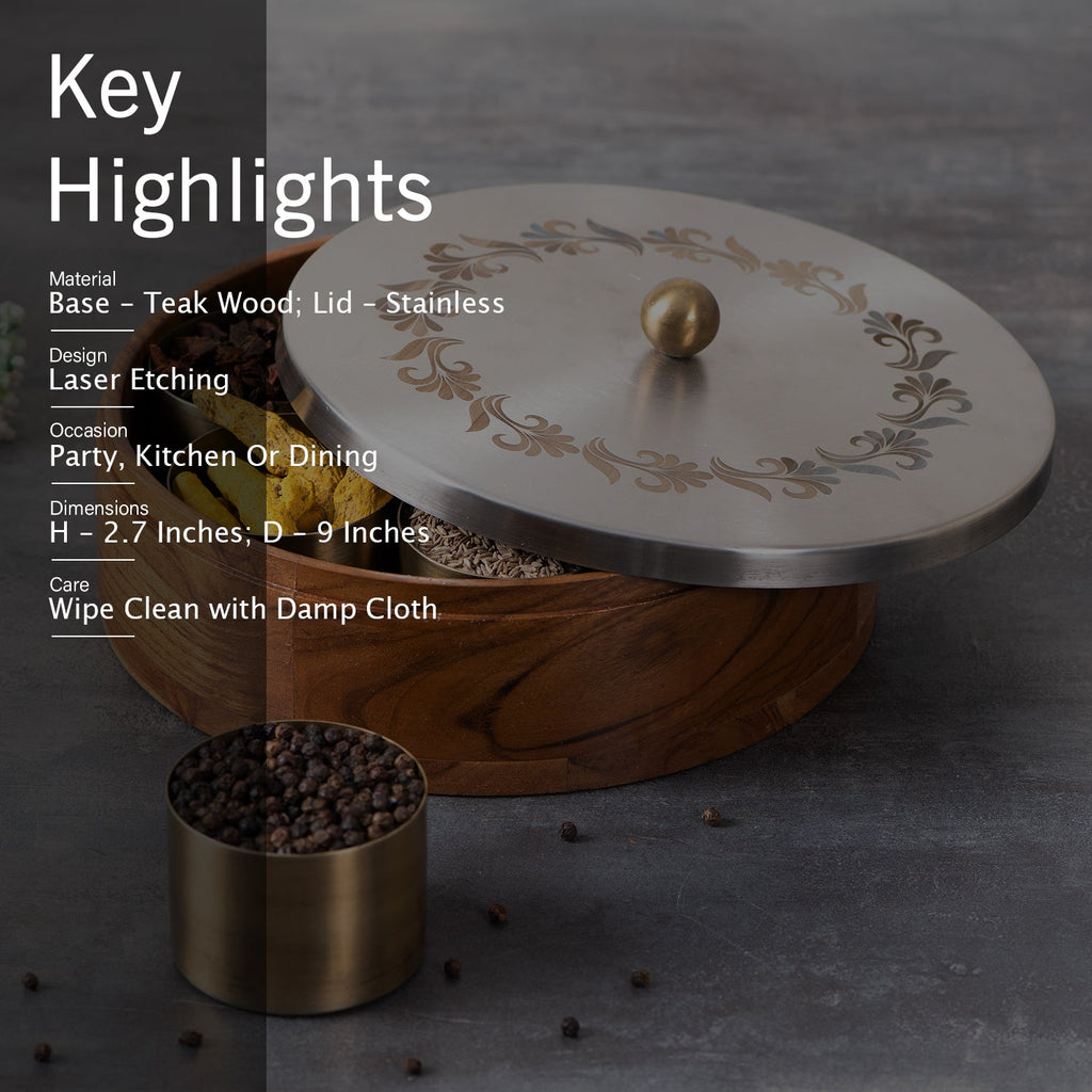Inscribe Acacia Wood Masala Box - Silver