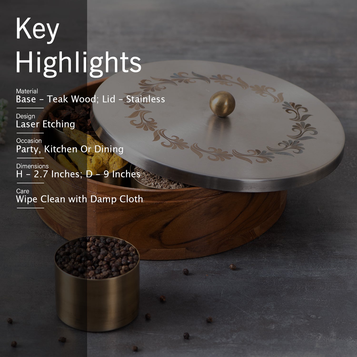 Inscribe Acacia Wood Masala Box - Silver