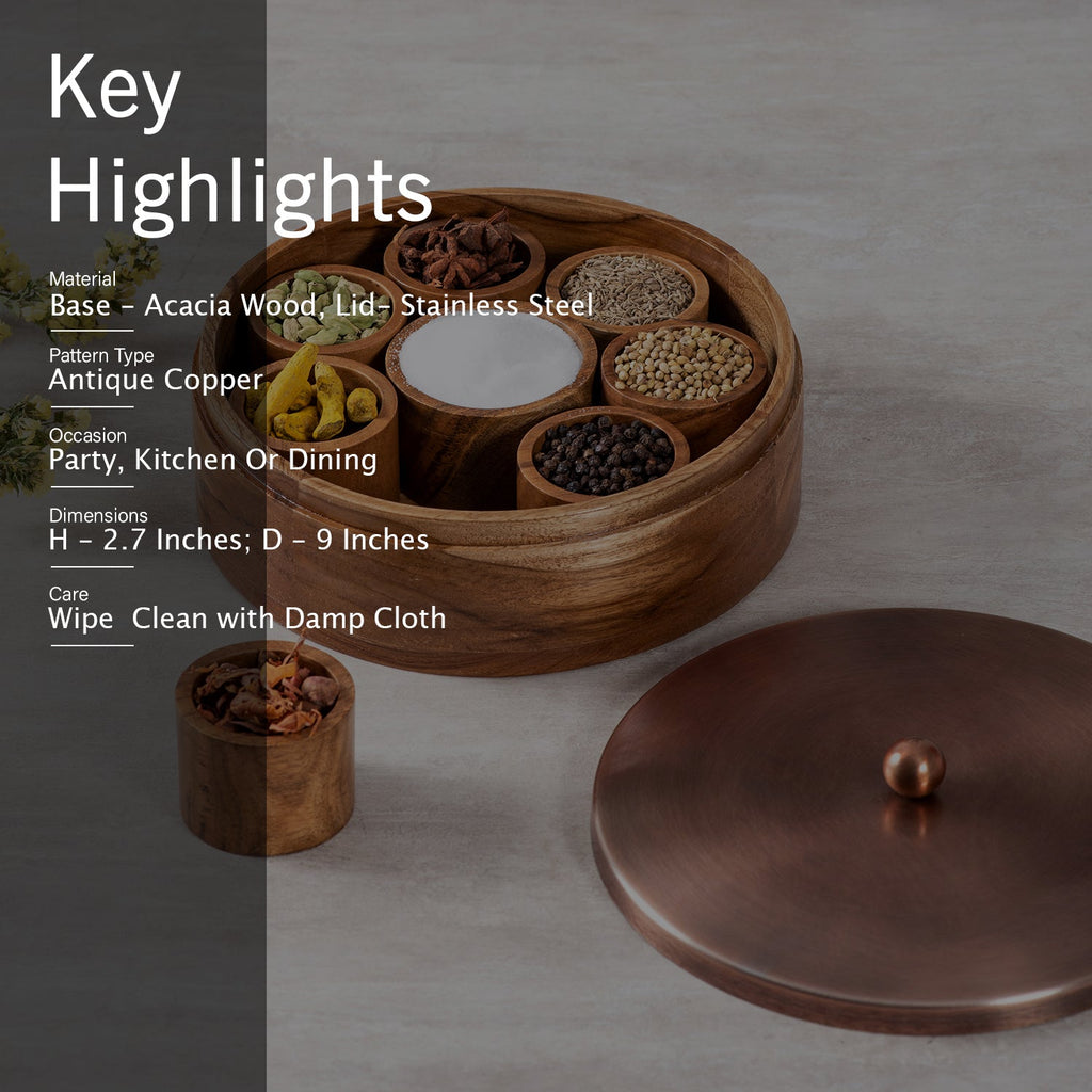 Classic Acacia Wood Masala Box - Copper