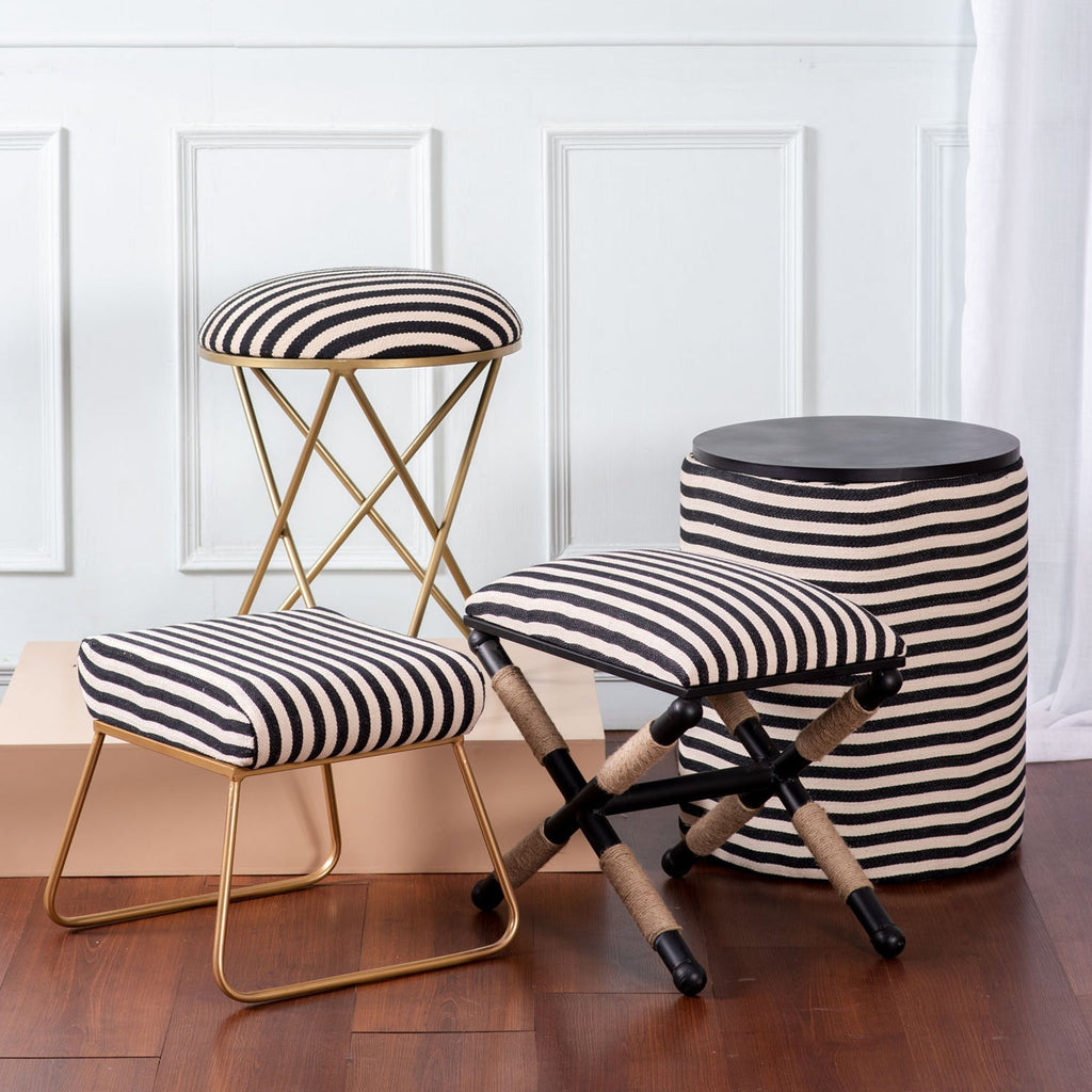 Zebra Fabric Jute Metallic Stool in Black & White Color Set of 2