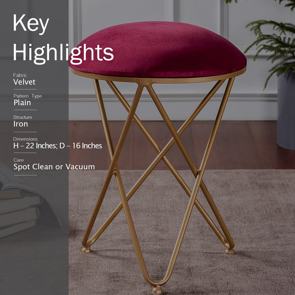 Lush Velvet Cross Metallic Stool in Maroon Color
