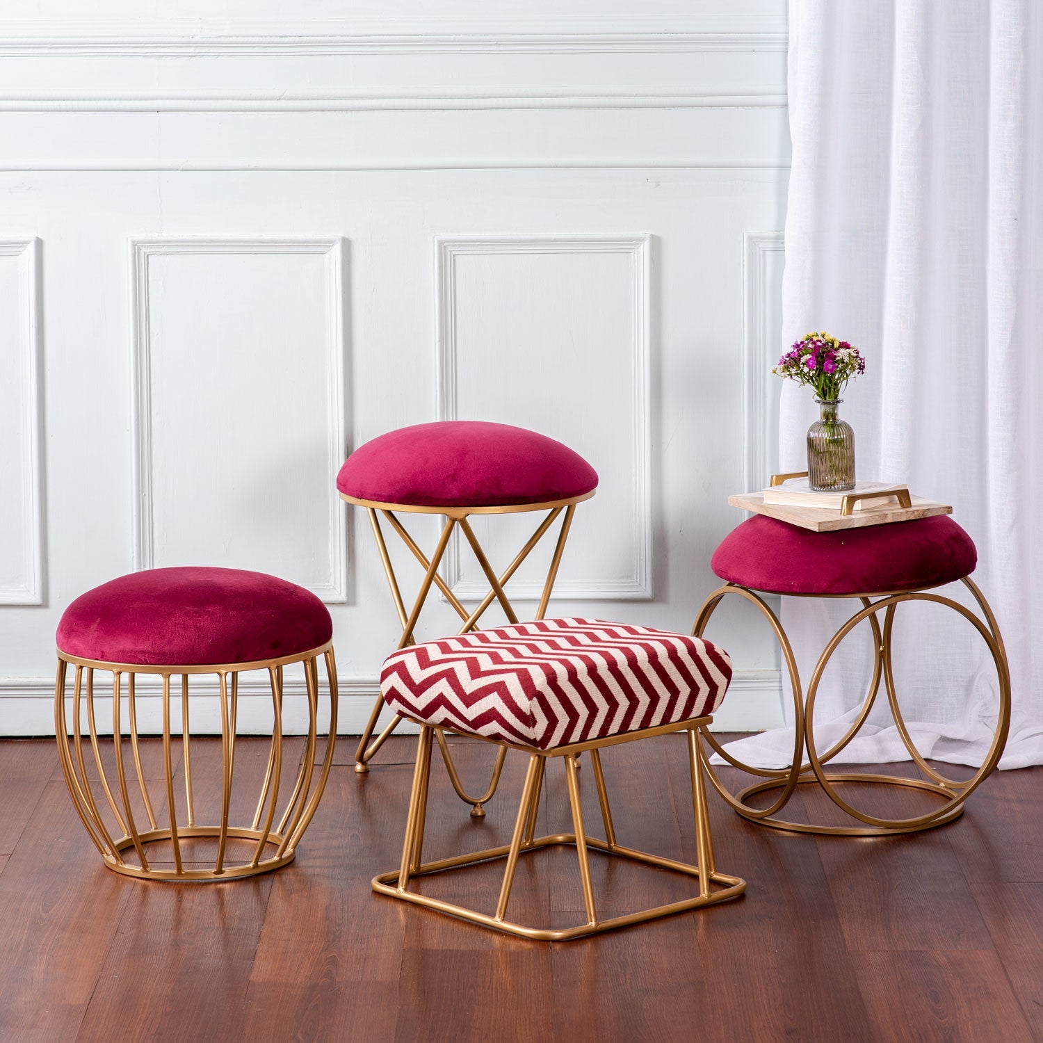 Lush Velvet Ring Metallic Stool in Maroon Color Set of 2
