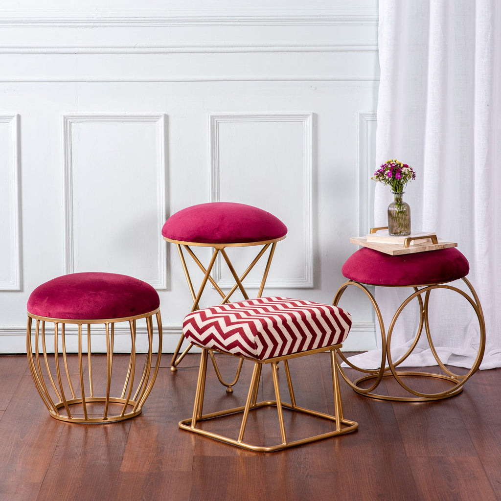Lush Velvet Cross Metallic Stool in Maroon Color Set of 2