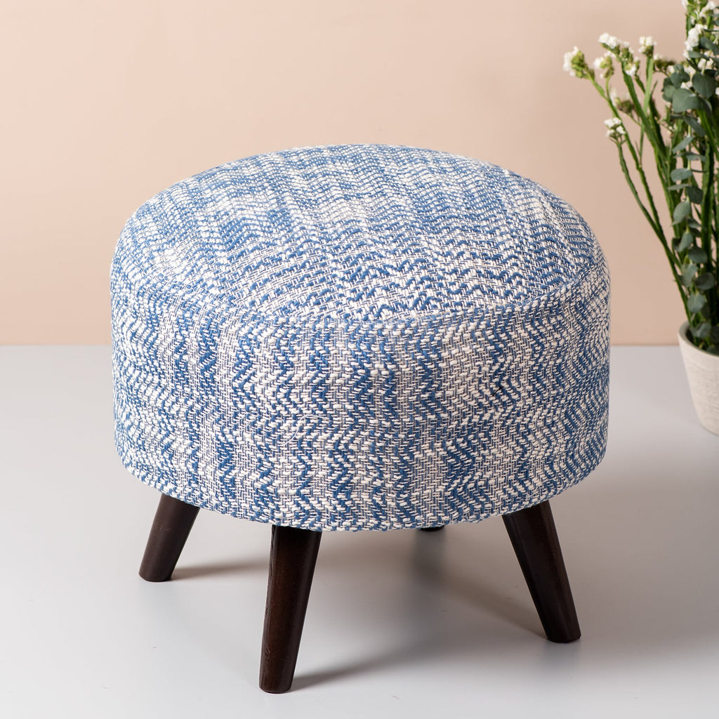 Slub Jacquard Wooden Ottoman in Blue Color Set of 2