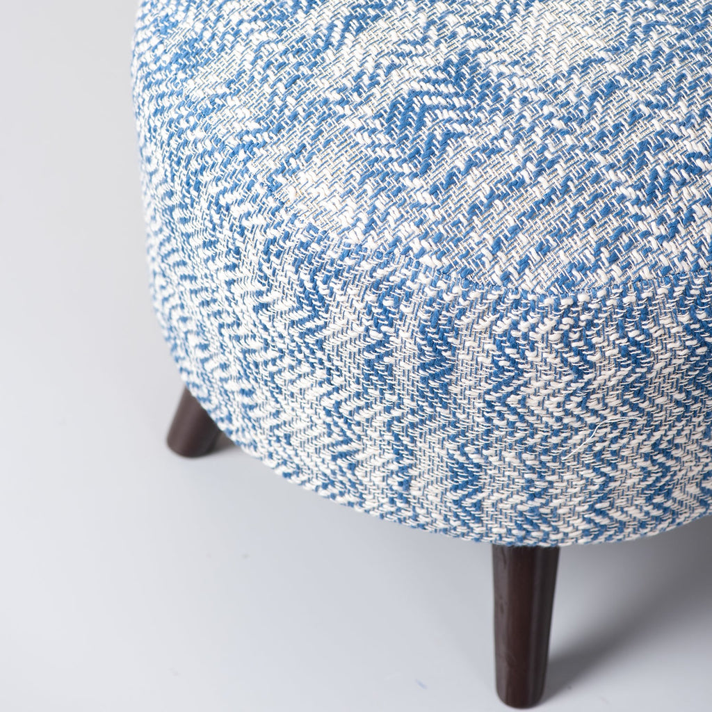 Slub Jacquard Wooden Ottoman in Blue Color Set of 2