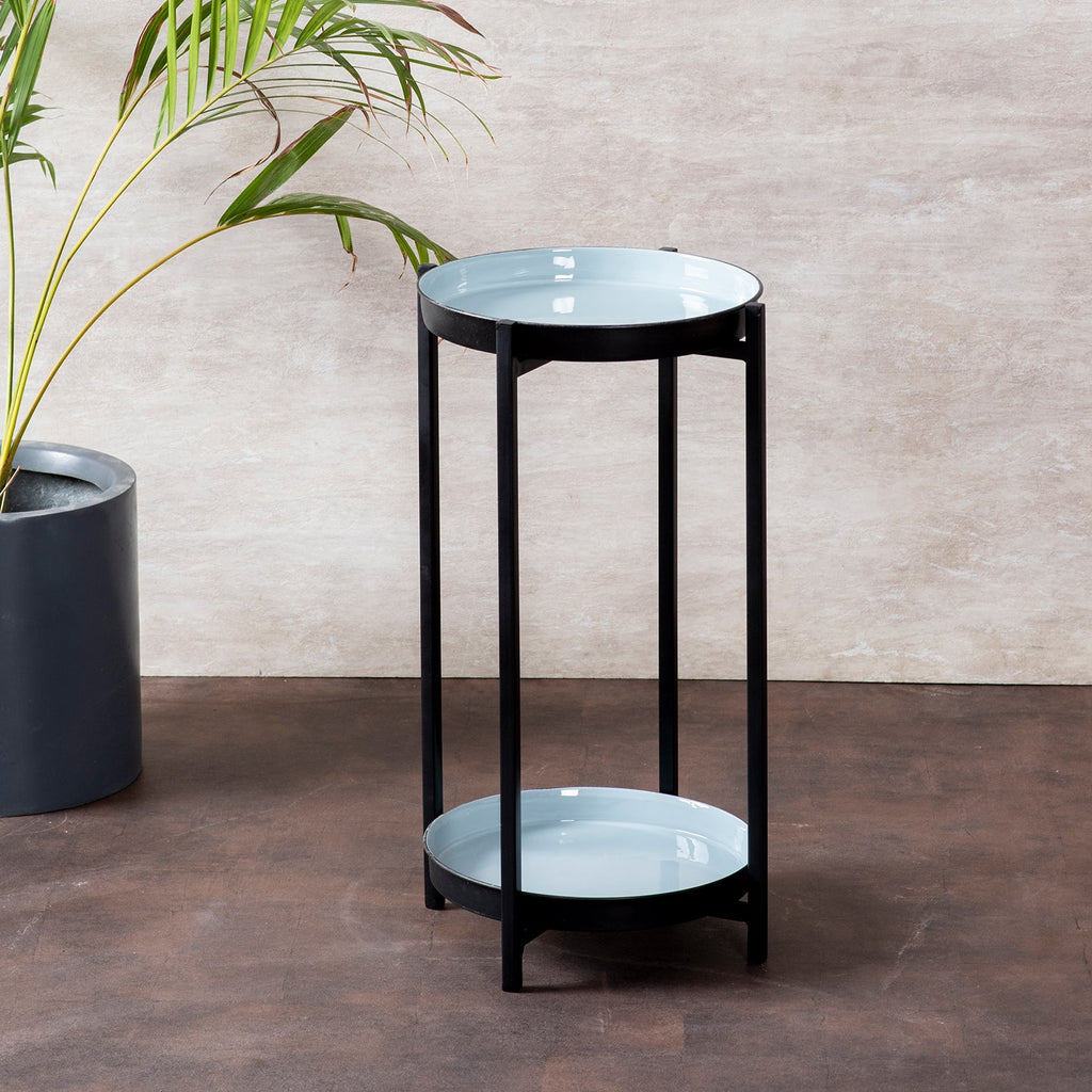 Contemporary Metallic tiered End Table in Blue & Black Color