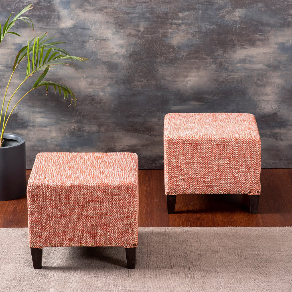 Slub Jacquard Wooden Seating Stool in Orange Color Set of 2