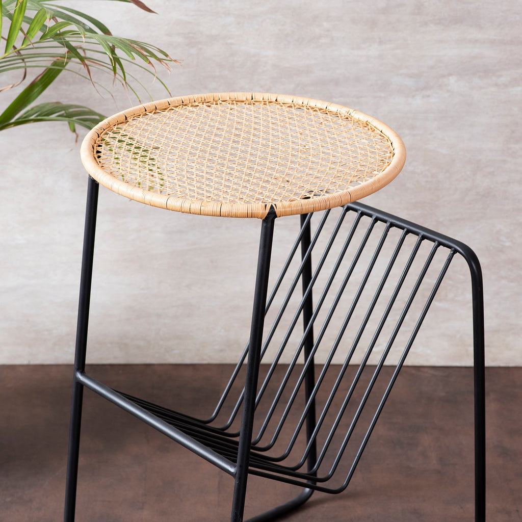 Rattan Metallic Magazine End Table in Black Color