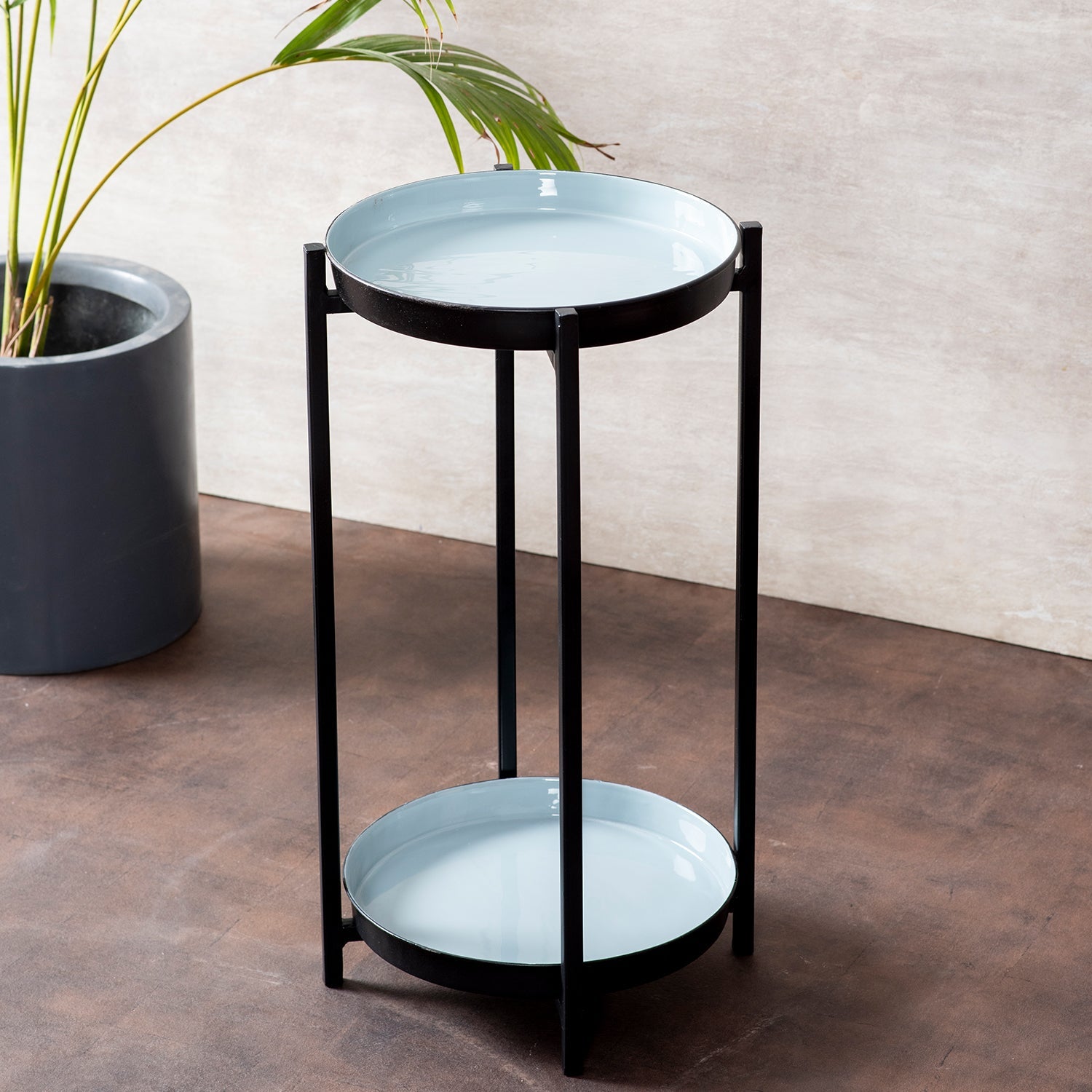 Contemporary Metallic tiered End Table in Blue & Black Color Set of 2