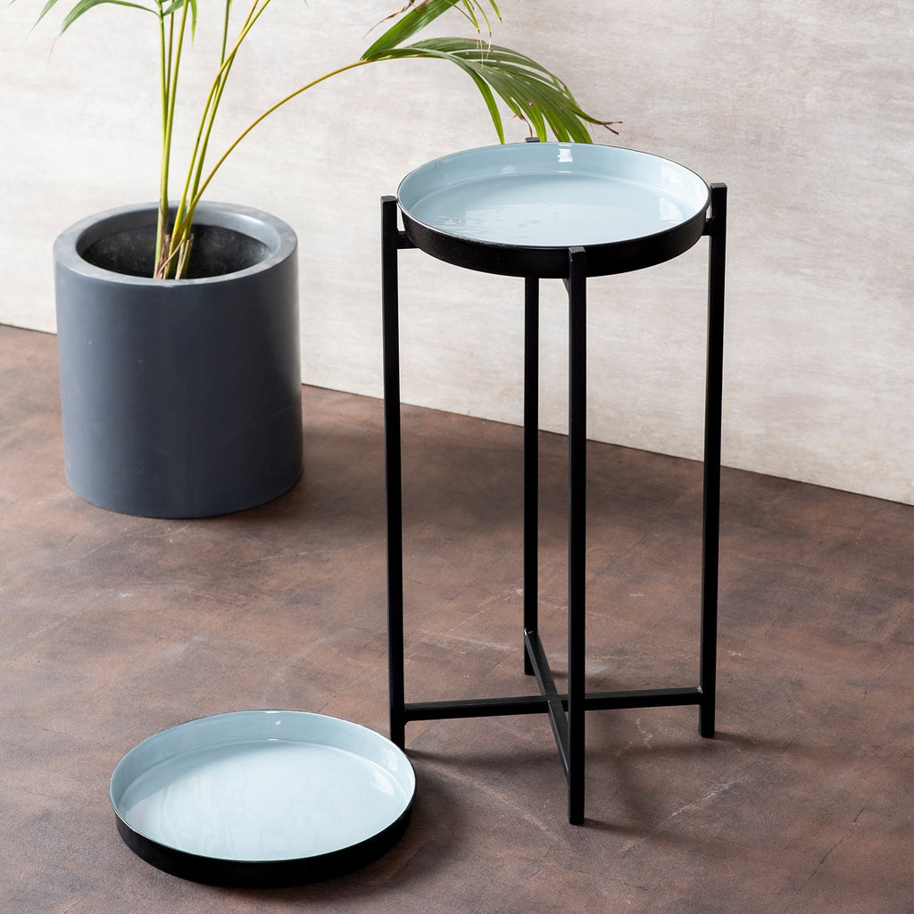 Contemporary Metallic tiered End Table in Blue & Black Color