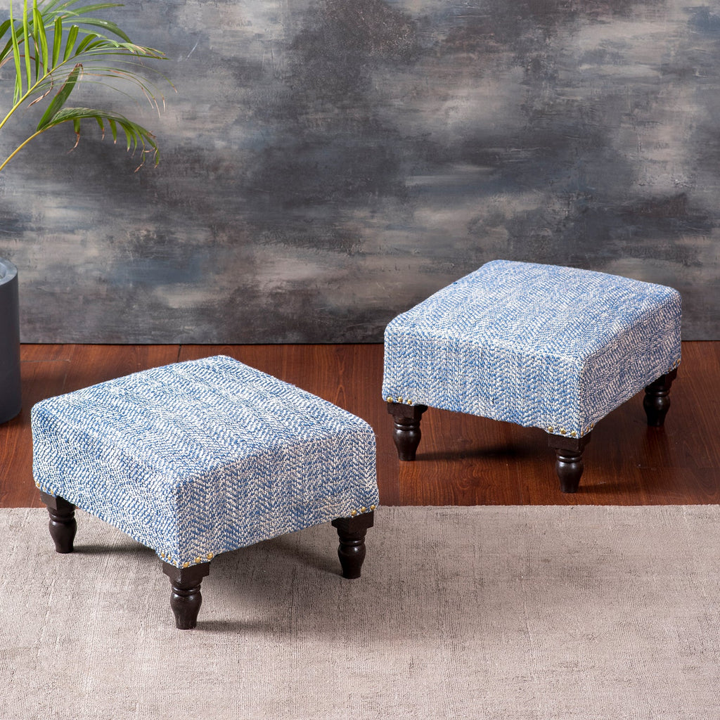 Slub Jacquard Wooden Footrests in Blue Color Set of 2