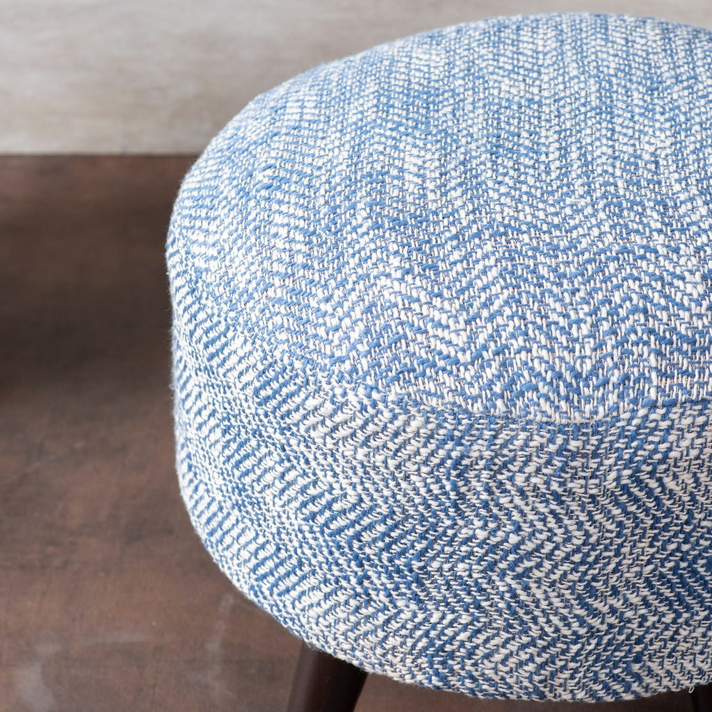 Slub Jacquard Wooden Ottoman in Blue Color