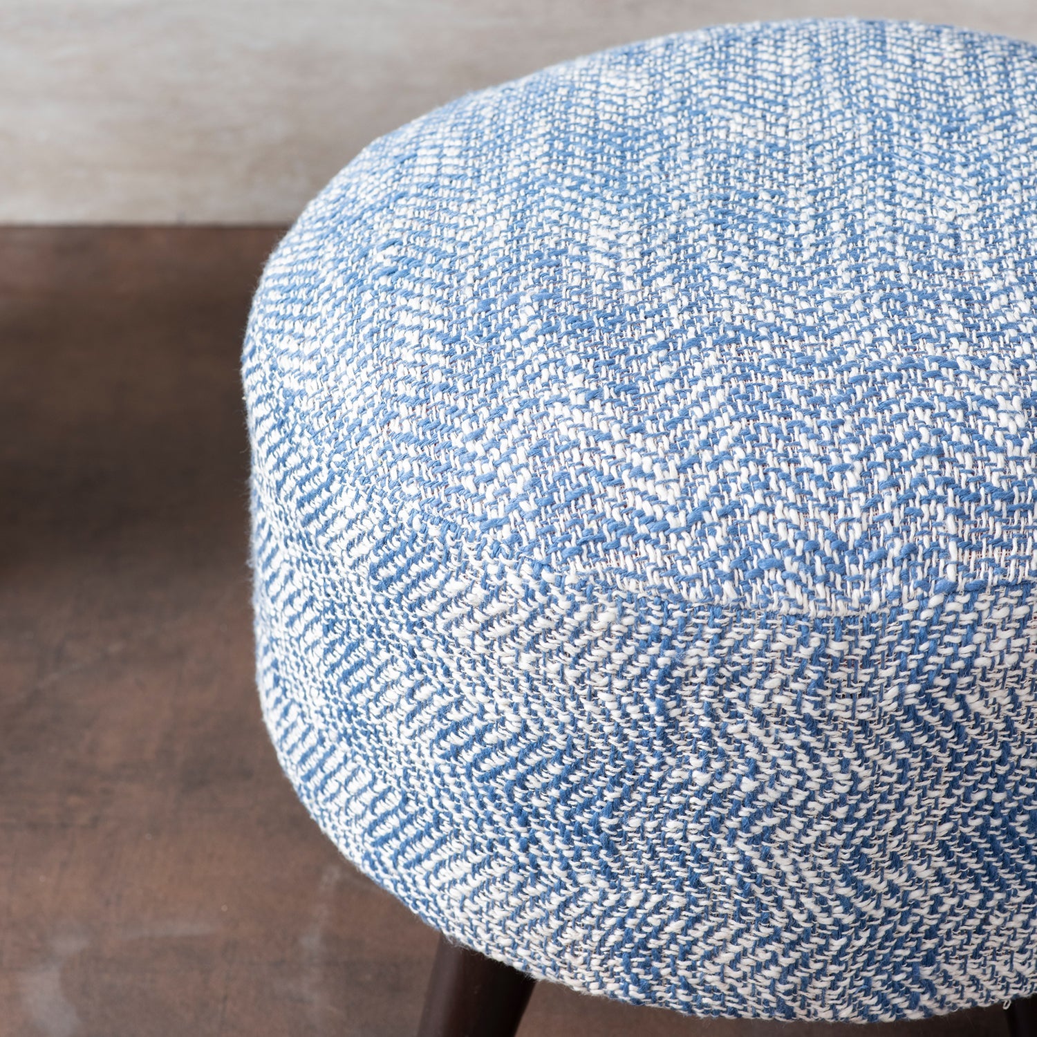 Slub Jacquard Wooden Ottoman in Blue Color