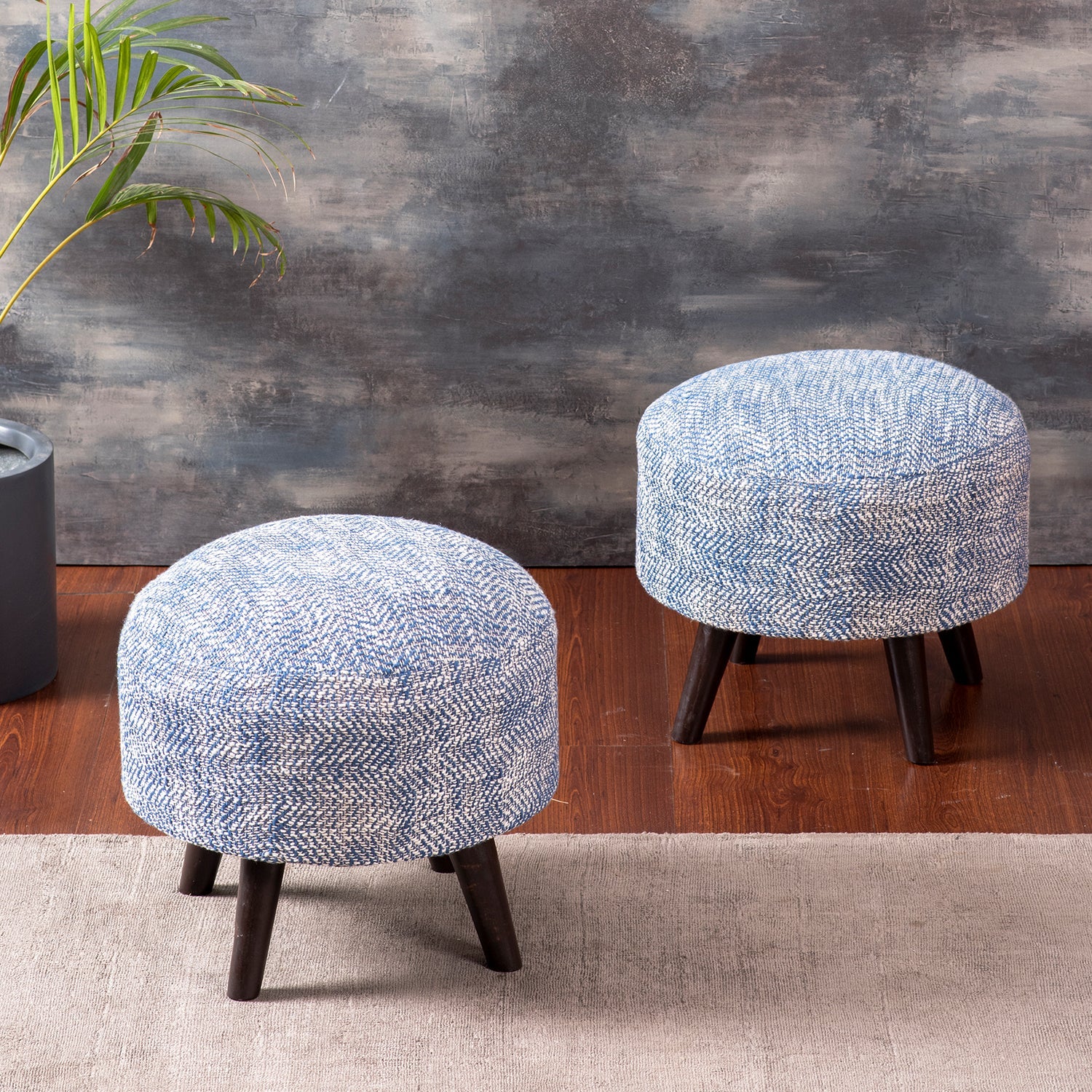 Slub Jacquard Wooden Ottoman in Blue Color Set of 2