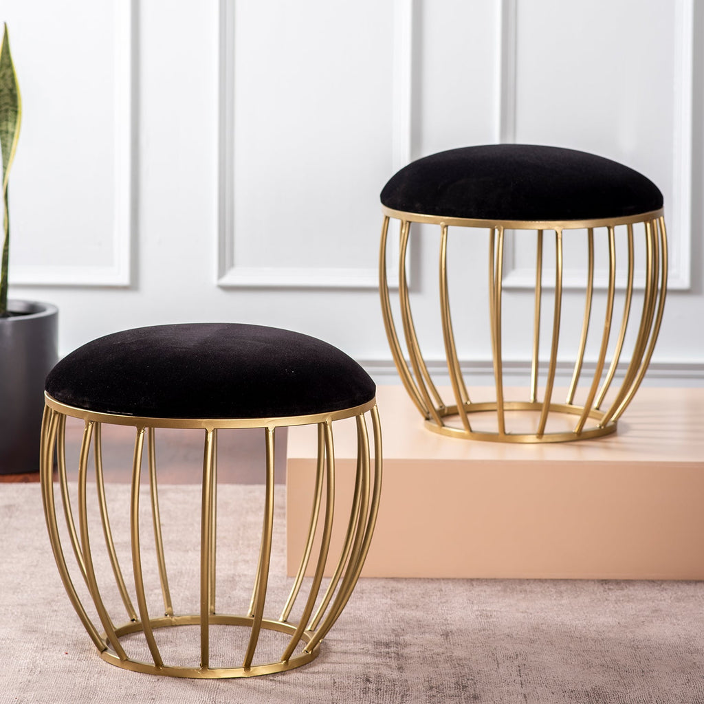 Classic Velvet Cage Metallic Stool in Black Color Set of 2