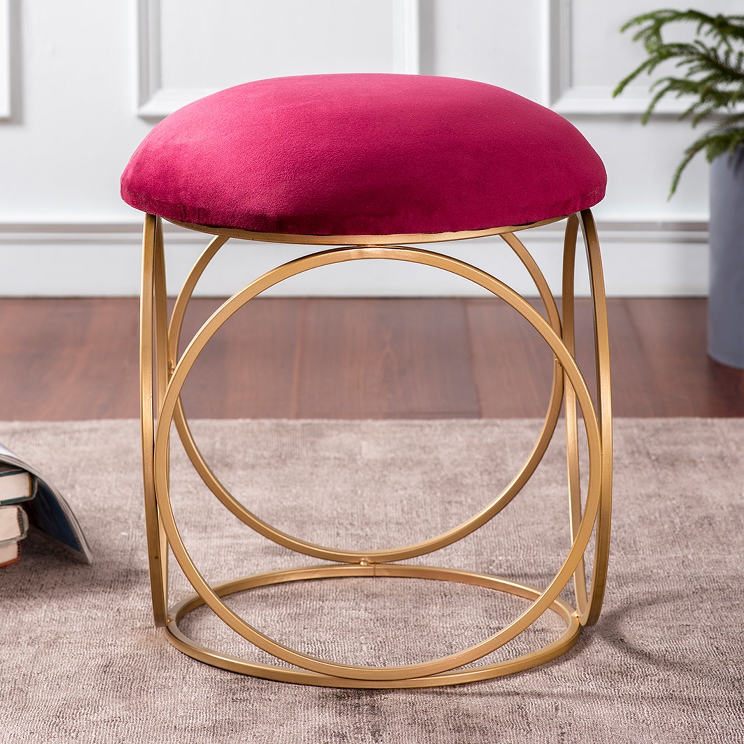 Lush Velvet Ring Metallic Stool in Maroon Color Set of 2