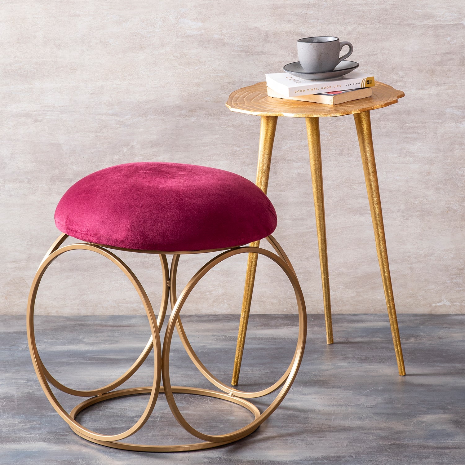 Lush Velvet Ring Metallic Stool in Maroon Color