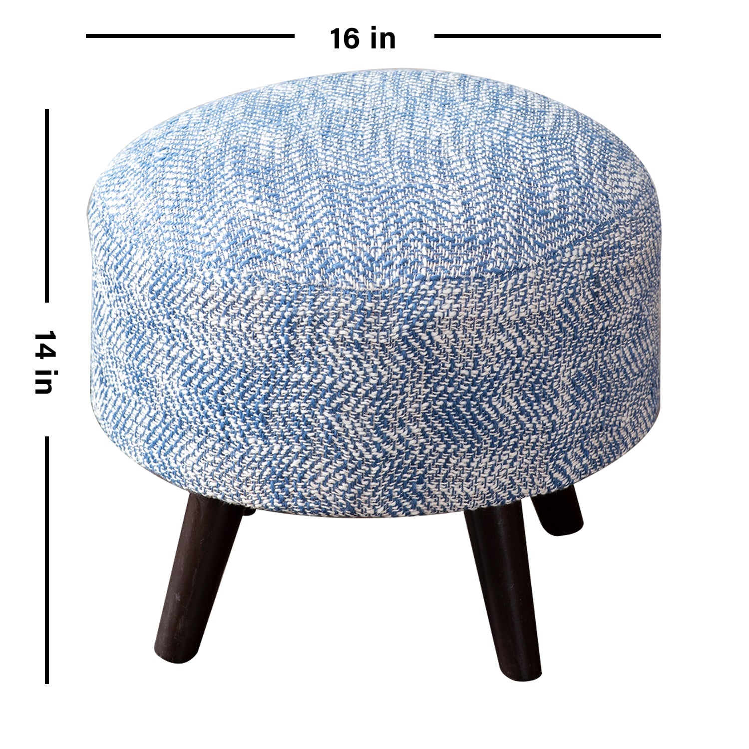 Slub Jacquard Wooden Ottoman in Blue Color Set of 2