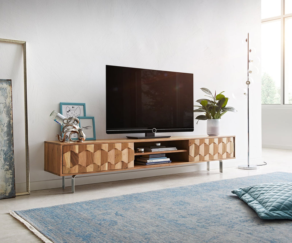 TV unit, solid acacia wood and steel, 2 doors