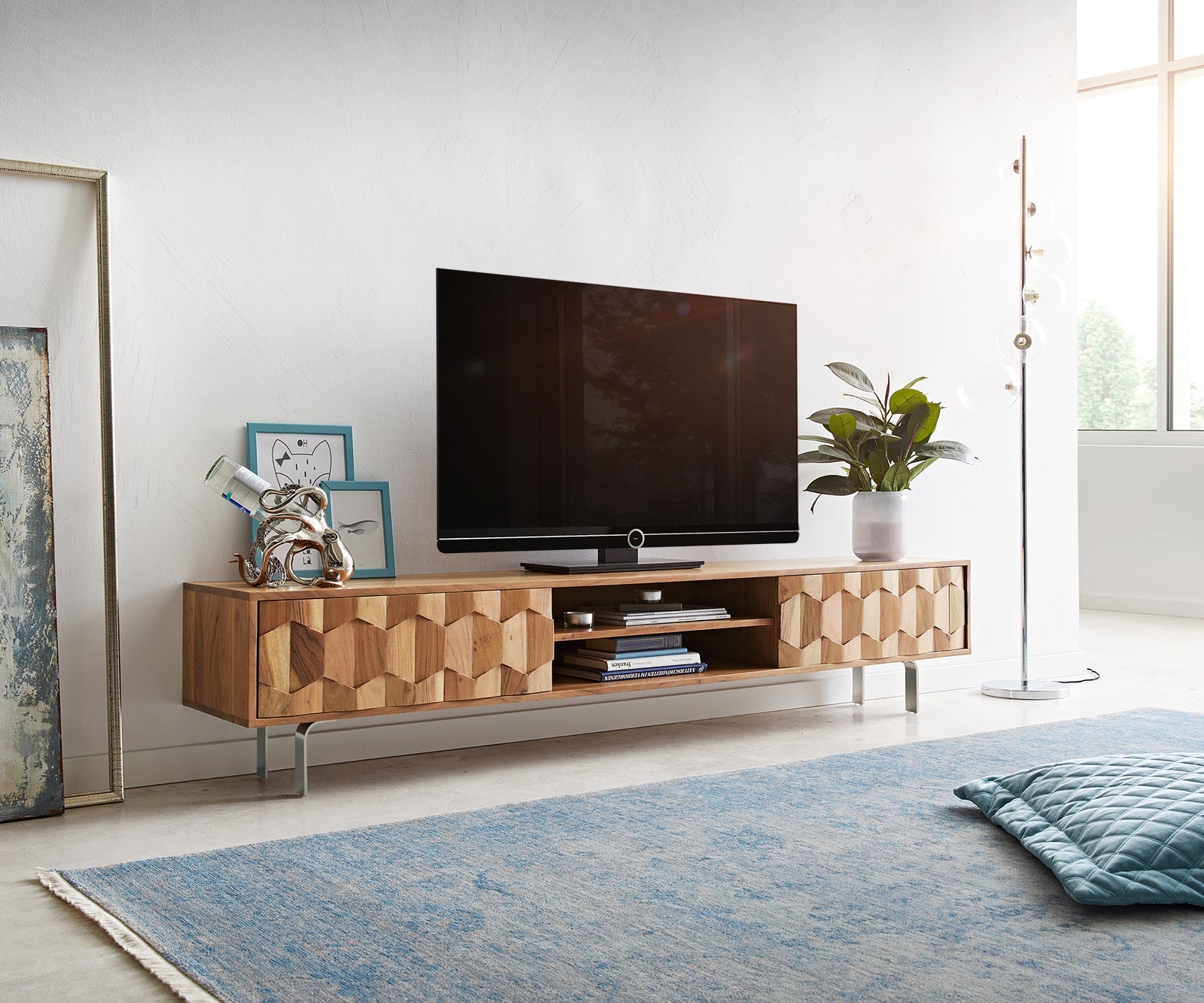TV unit, solid acacia wood and steel, 2 doors