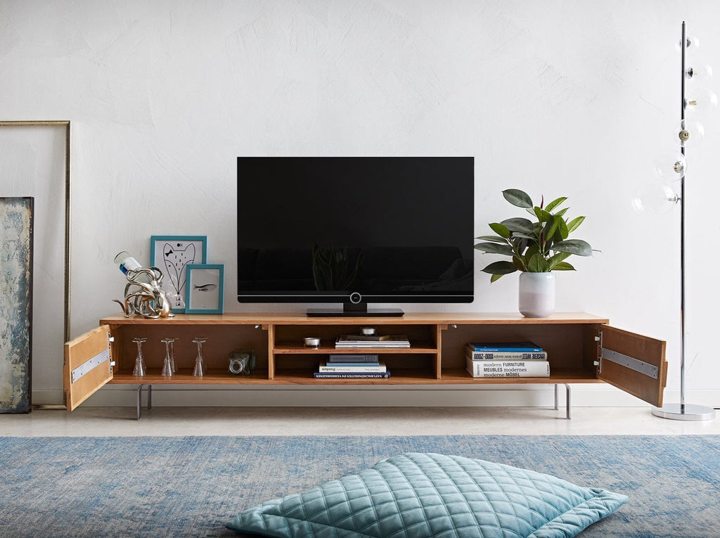 TV unit, solid acacia wood and steel, 2 doors
