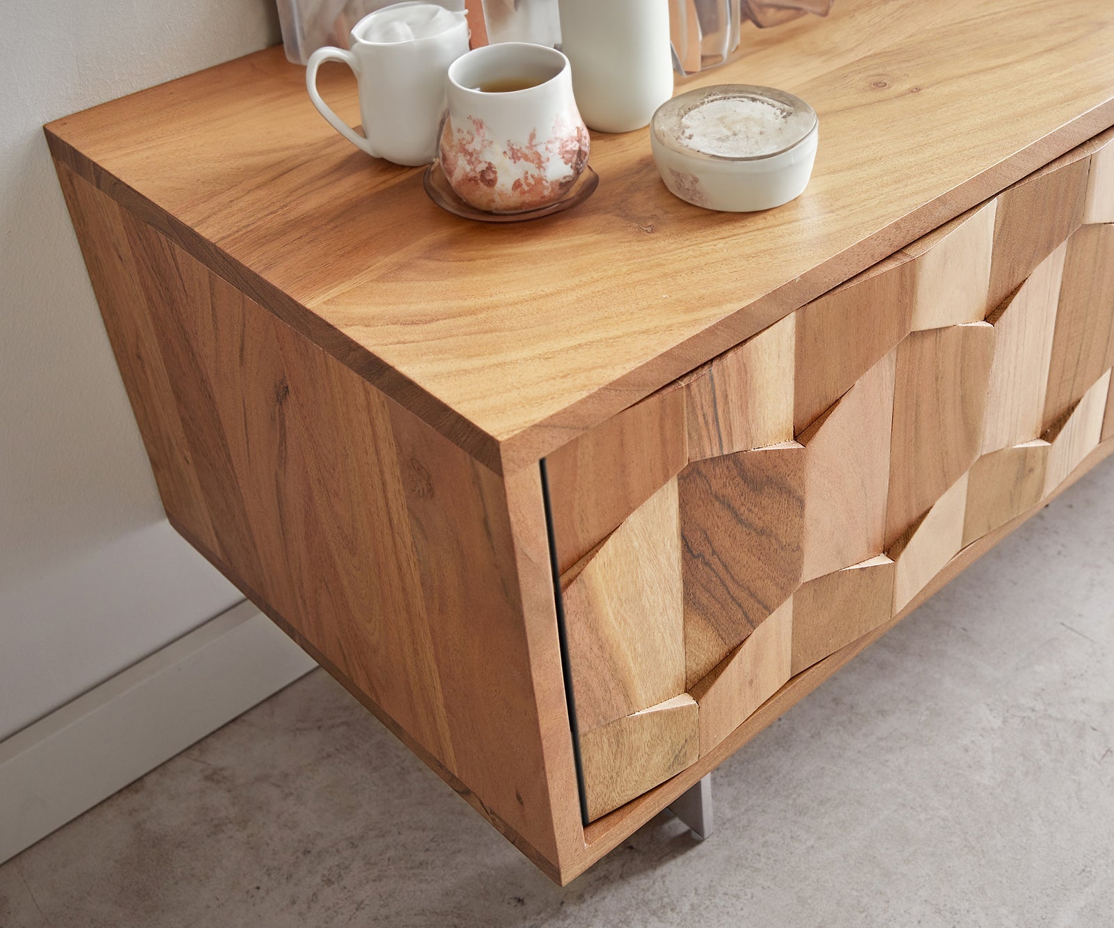 TV unit, solid acacia wood and steel, 2 doors