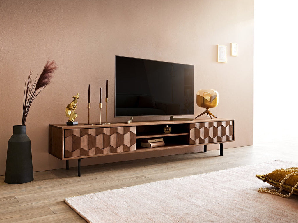 TV unit, solid acacia wood and steel, 2 doors