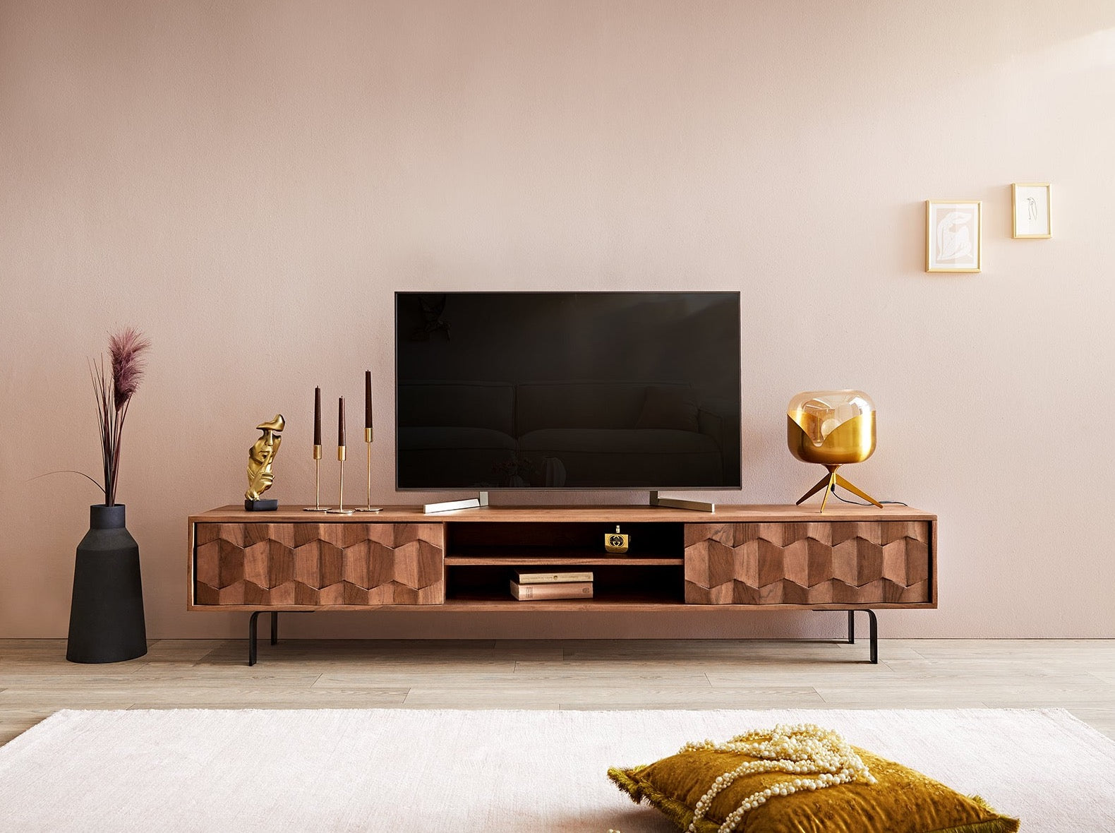 TV unit, solid acacia wood and steel, 2 doors