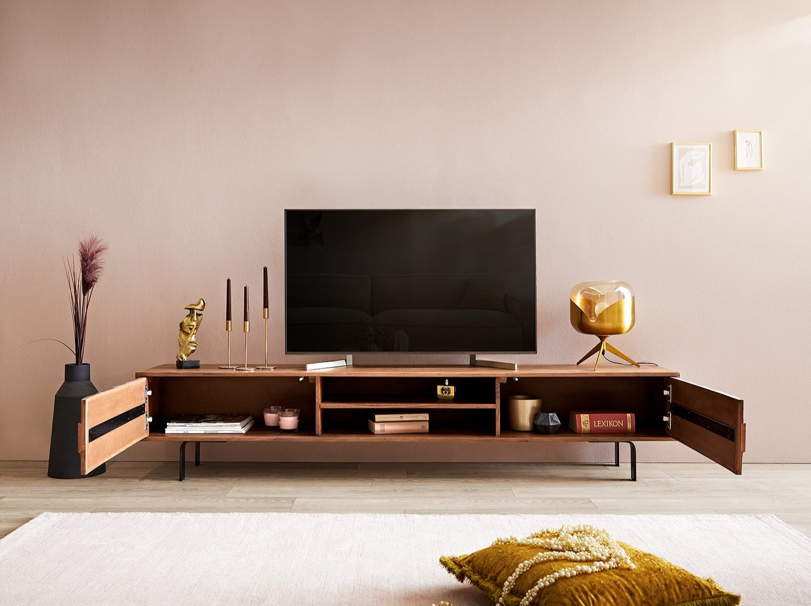 TV unit, solid acacia wood and steel, 2 doors