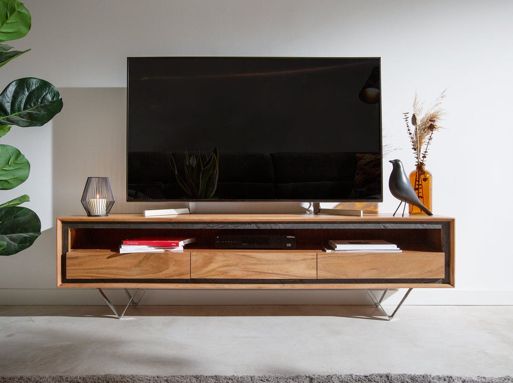 TV unit, solid acacia wood and steel, 3 drawers