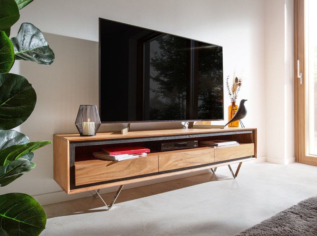 TV unit, solid acacia wood and steel, 3 drawers