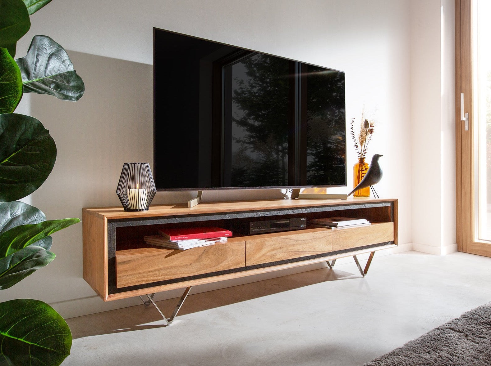 TV unit, solid acacia wood and steel, 3 drawers