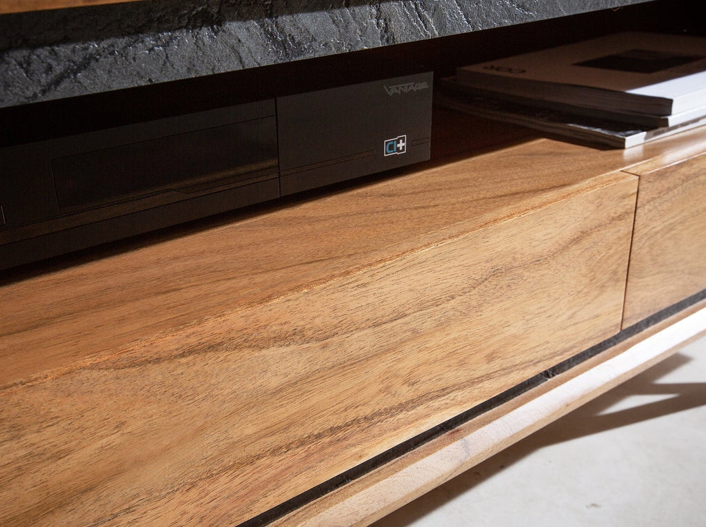 TV unit, solid acacia wood and steel, 3 drawers