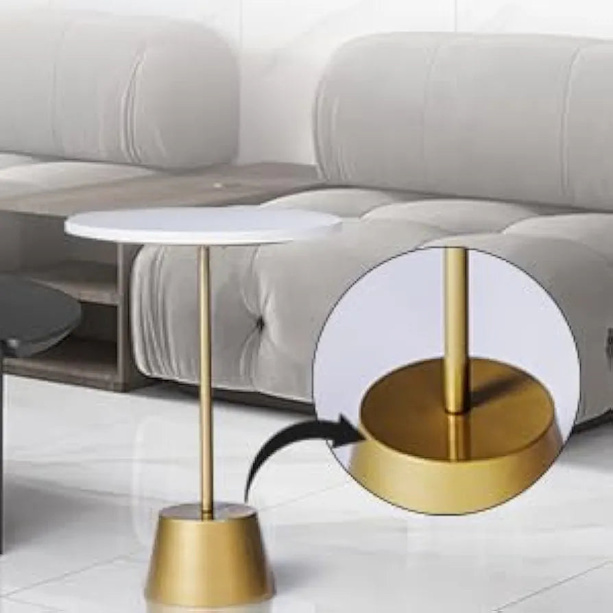 Home Tag Iron Marble End Table - Minimalist White Top Table with Golden Pedestal Base, Crisp White Circular Top, Sleek Golden Base, Modern Minimalist Design, and Durable Easy-to-Clean Materials