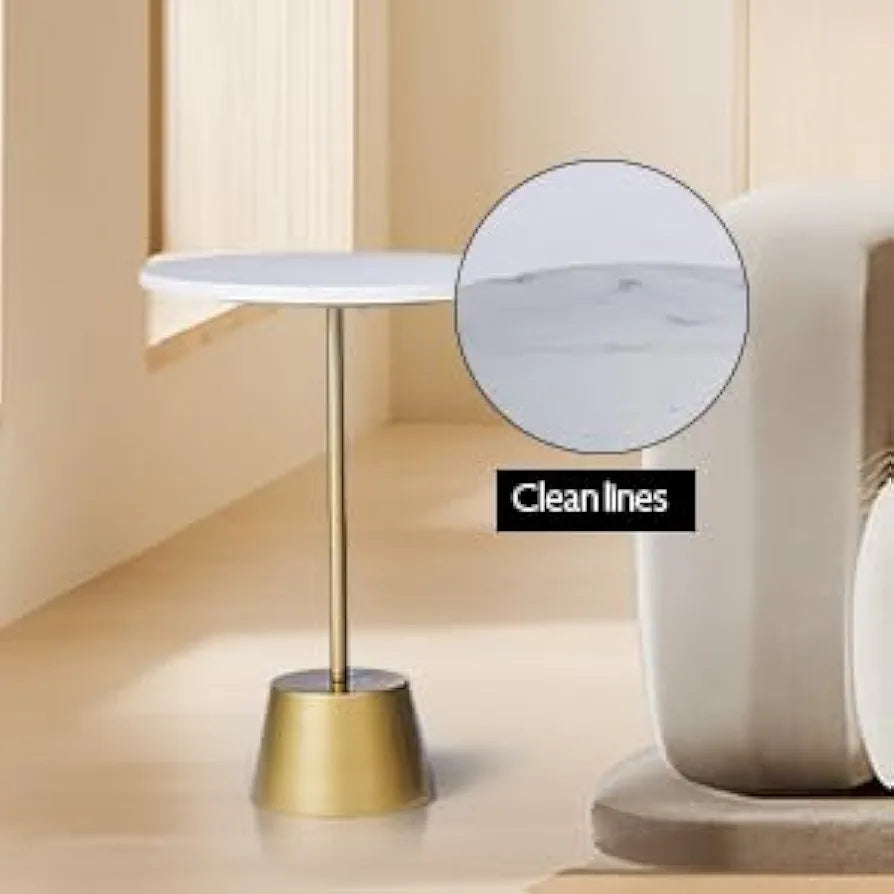 Home Tag Iron Marble End Table - Minimalist White Top Table with Golden Pedestal Base, Crisp White Circular Top, Sleek Golden Base, Modern Minimalist Design, and Durable Easy-to-Clean Materials