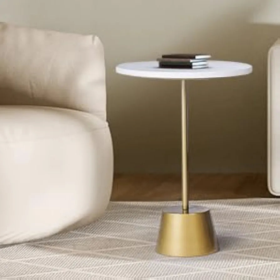 Home Tag Iron Marble End Table - Minimalist White Top Table with Golden Pedestal Base, Crisp White Circular Top, Sleek Golden Base, Modern Minimalist Design, and Durable Easy-to-Clean Materials