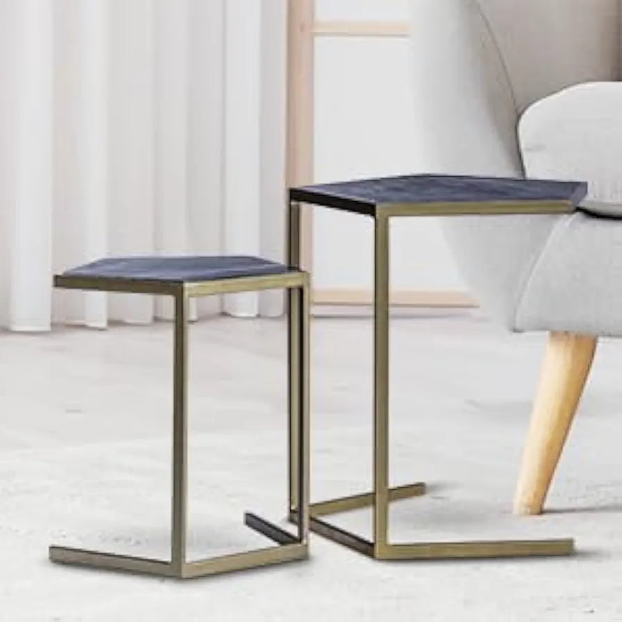 Home Tag Iron Marble Nesting Tables - Asymmetrical Marble-Top End Tables with Elegant Golden Frames, Distinctive Marble Tops, Modern Design, Versatile Placement, and Sturdy Construction