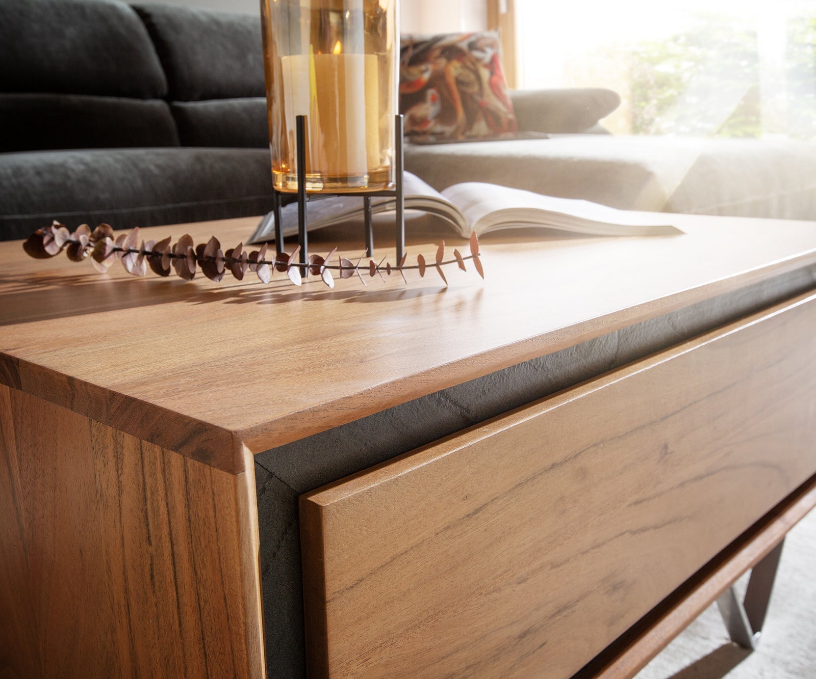 Coffee table, solid acacia wood and steel, 1 drawer