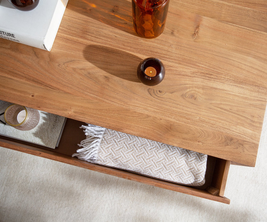 Coffee table, solid acacia wood and steel, 1 drawer