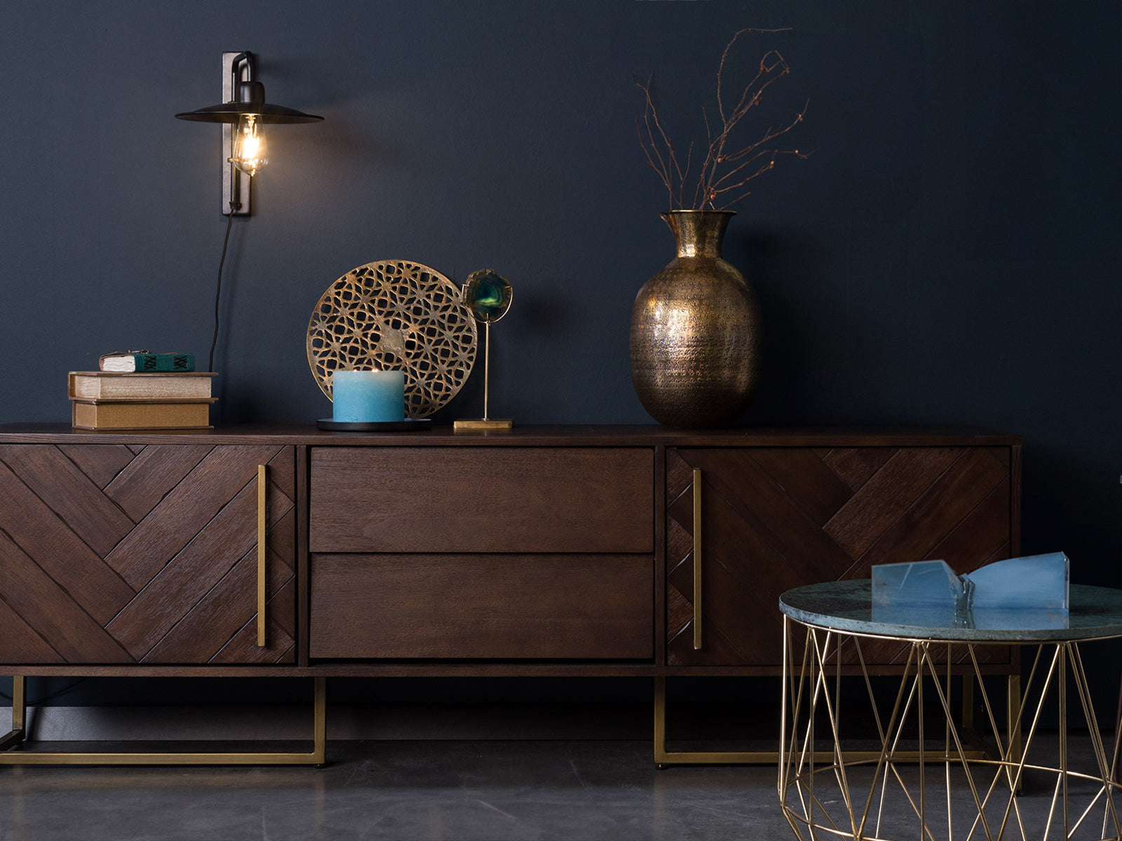 TV unit, solid mango wood and steel, 2 doors and 2 drawers