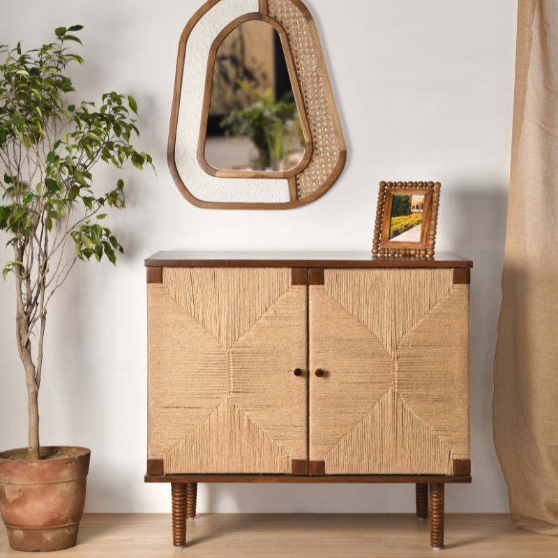 Rush Weave Teak Colour Storage Cabinet