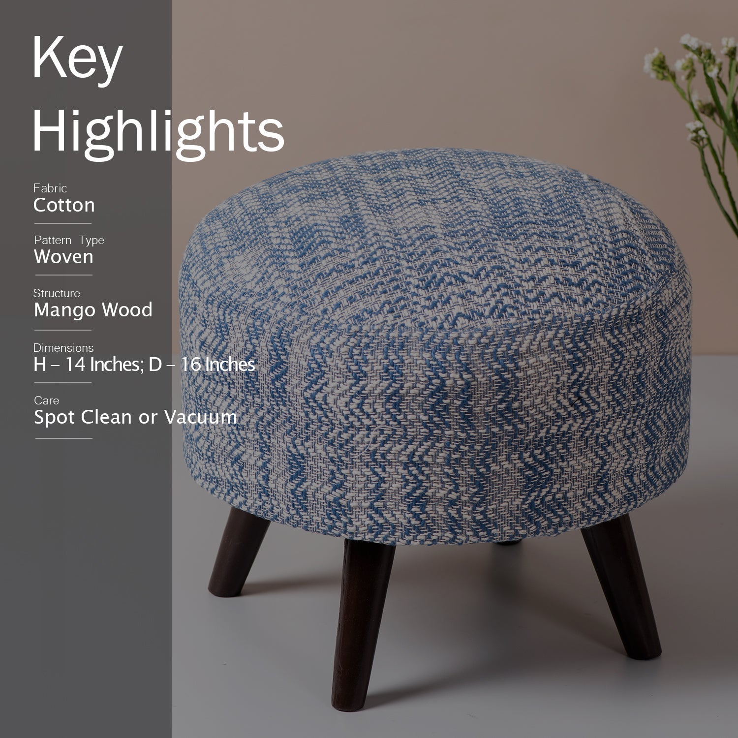 Slub Jacquard Wooden Ottoman in Blue Color