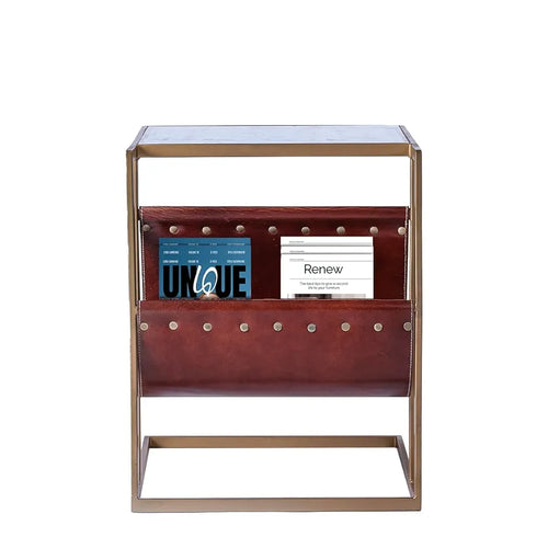 Home Tag Iron Marble End Table - Chic Marble Top Side Table Leather Magazine Sling, Gold Metal Frame, Space-Efficient Design, and Easy Maintenance by Home Tag Decors