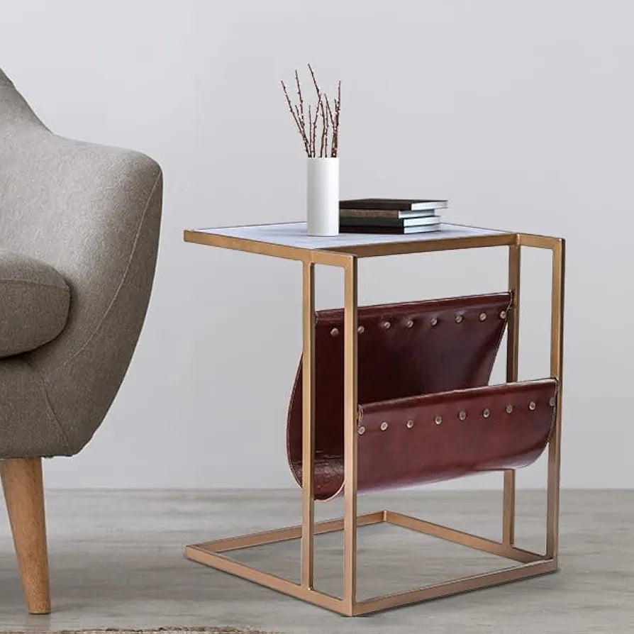 Home Tag Iron Marble End Table - Chic Marble Top Side Table Leather Magazine Sling, Gold Metal Frame, Space-Efficient Design, and Easy Maintenance by Home Tag Decors
