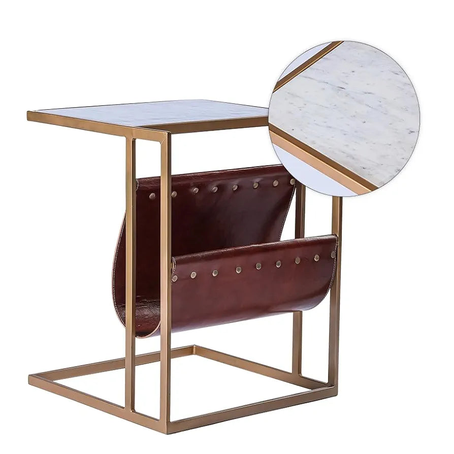 Home Tag Iron Marble End Table - Chic Marble Top Side Table Leather Magazine Sling, Gold Metal Frame, Space-Efficient Design, and Easy Maintenance by Home Tag Decors