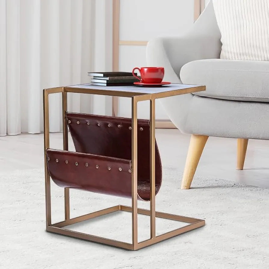Home Tag Iron Marble End Table - Chic Marble Top Side Table Leather Magazine Sling, Gold Metal Frame, Space-Efficient Design, and Easy Maintenance by Home Tag Decors
